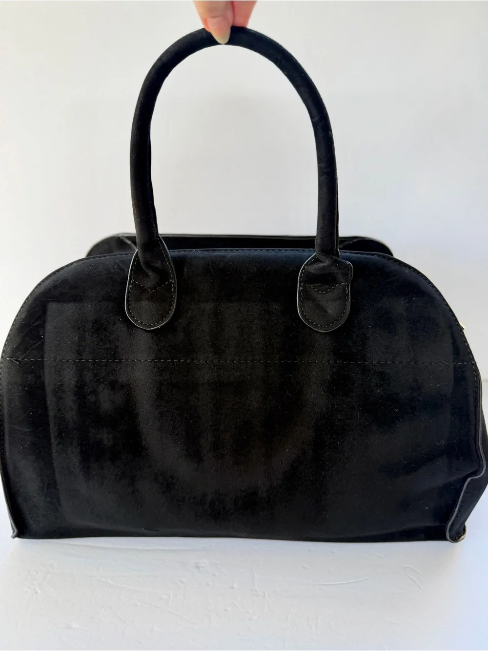 Black Top Handle Suede Satchel Handbag w/Buckle Detail Gold Hardware Zip Pocket